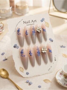 Handmade Blue Floral Ombre Press-On Nails - Nail Art